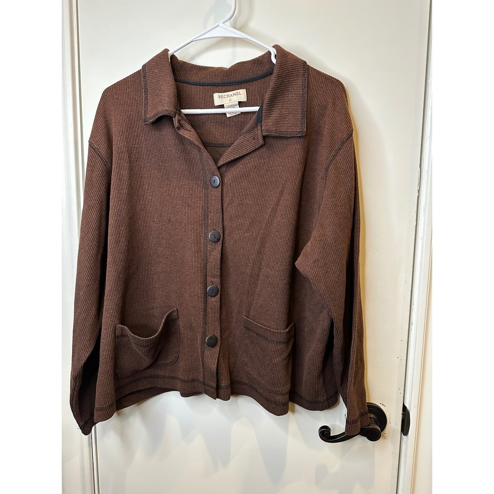 Bechamel Brown Ribbed Knit Button Front Cardigan Top Plus Size 1X Pockets